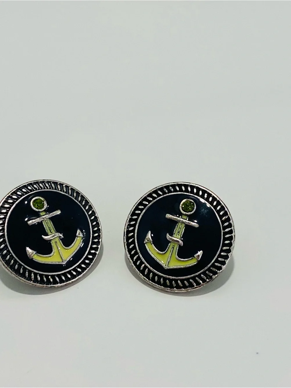 Navy Blue Nautical Green Rhinestone Anchor Post Earrings Textured Rope Border